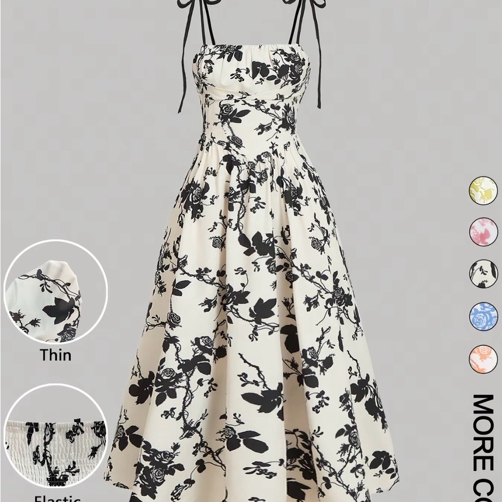 Floral Tie-Shoulder Midi Dress in Cream and Black